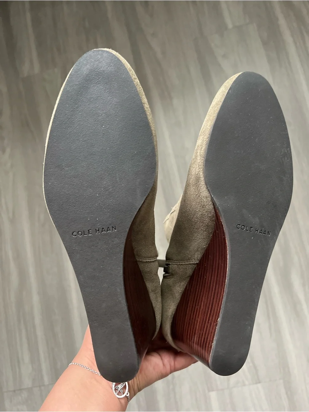 Cole Haan Suede Wedge Ankle Booties Taupe Brown Tassel Zip Size 8B